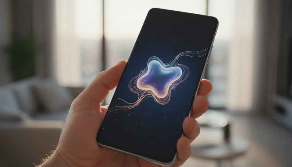 앱 아이콘이 사라지고 유동적인 AI 인터페이스가 적용된 갤럭시 S26의 미니멀한 홈 화면 디자인 컨셉