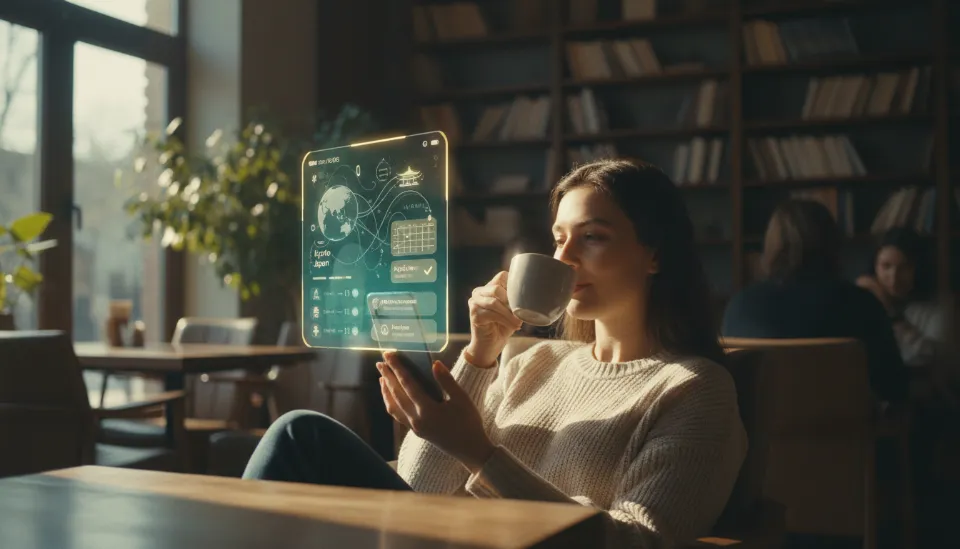 카페에서 갤럭시 S26을 통해 여행 일정을 홀로그램으로 확인하며 여유를 즐기는 사용자의 라이프스타일 연출 사진