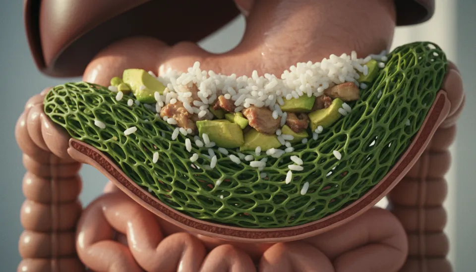 식이섬유가 위장 내벽에 그물망을 형성하여 탄수화물의 급격한 흡수를 막고 혈당 스파이크를 방지하는 거꾸로 식사법의 소화 원리 인포그래픽