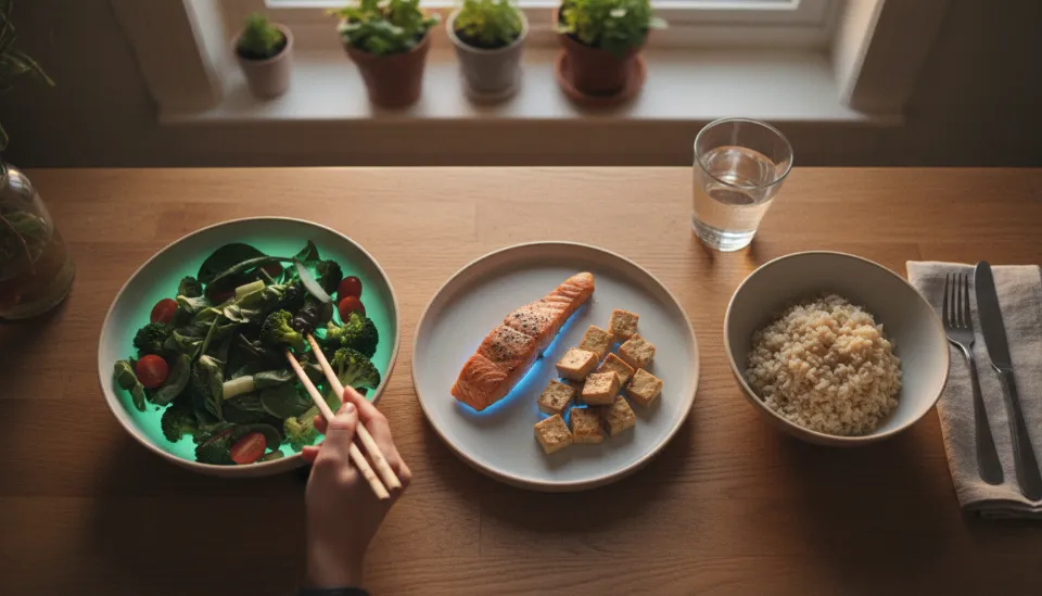 식탁 위에 차려진 샐러드, 생선구이, 잡곡밥이 놓여 있고 젓가락이 가장 먼저 채소 반찬을 향하고 있는 거꾸로 식사법 실천 이미지