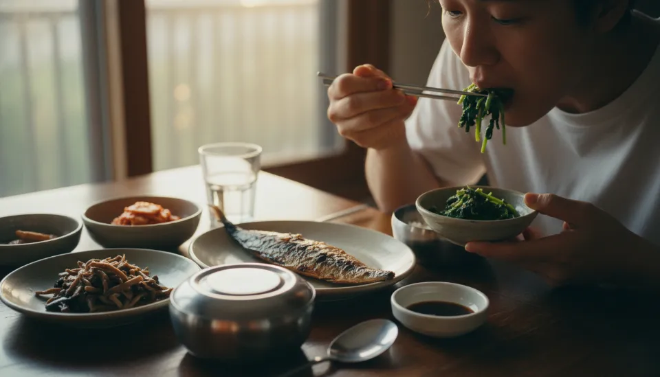 한식 상차림에서 밥공기 뚜껑은 닫혀 있고 나물 반찬을 먼저 먹고 있는 모습, 한국형 거꾸로 식사법의 올바른 예시