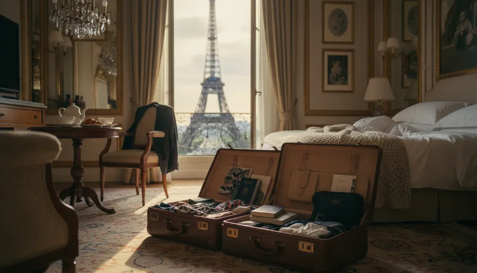 파리 에펠탑이 창문으로 보이는 고급스러운 5성급 호텔 객실 내부와 깔끔하게 정돈된 여행 가방
