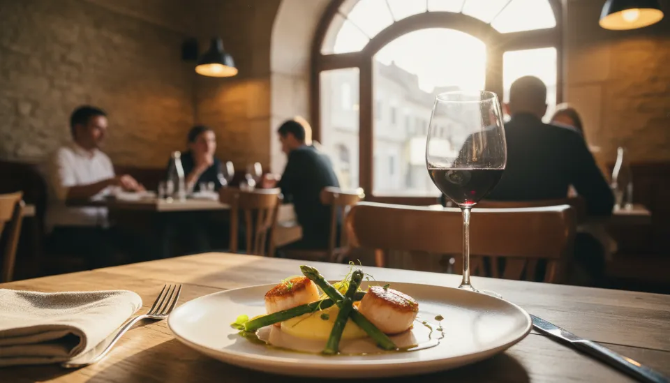 유럽 현지 고급 레스토랑 테이블 위에 차려진 미슐랭급 정찬 요리와 와인 한 잔