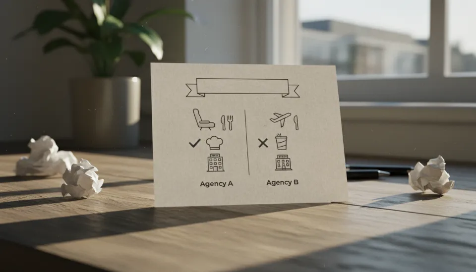 여행사 비교를 위한 체크리스트와 비행기 좌석, 음식, 호텔 아이콘이 놓인 나무 책상 컨셉 이미지