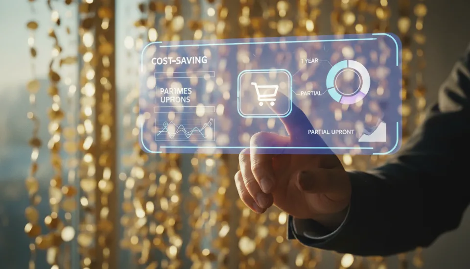AWS 세이빙 플랜 구매 버튼을 클릭하여 비용 절감을 확정하는 순간과 금전적 이익을 상징하는 디지털 일러스트