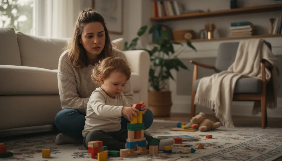 거실에서 블록 놀이에 열중한 아이를 걱정스러운 눈빛으로 바라보는 엄마의 모습과 가정 내 언어발달 환경