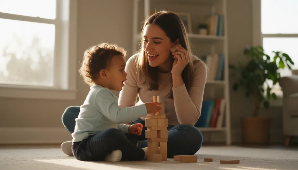 부모가 아이의 눈높이에서 상호작용하며 언어 자극을 주는 5단계 놀이 과정 인포그래픽