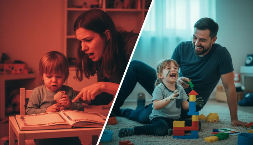 아이에게 단어를 강요하는 부모의 모습과 즐겁게 놀이하며 자연스럽게 대화하는 긍정적인 상호작용 비교