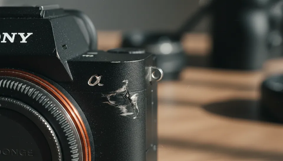 소니 A7C2 카메라 바디 모서리에 강한 충격으로 인해 발생한 찌그러짐과 스크래치가 선명하게 보이는 근접 촬영 이미지