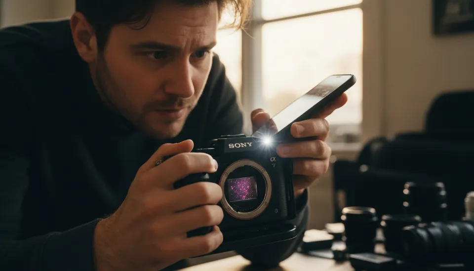 스마트폰 조명을 이용하여 소니 미러리스 카메라의 이미지 센서 표면에 있는 미세한 스크래치와 먼지를 정밀하게 점검하는 모습