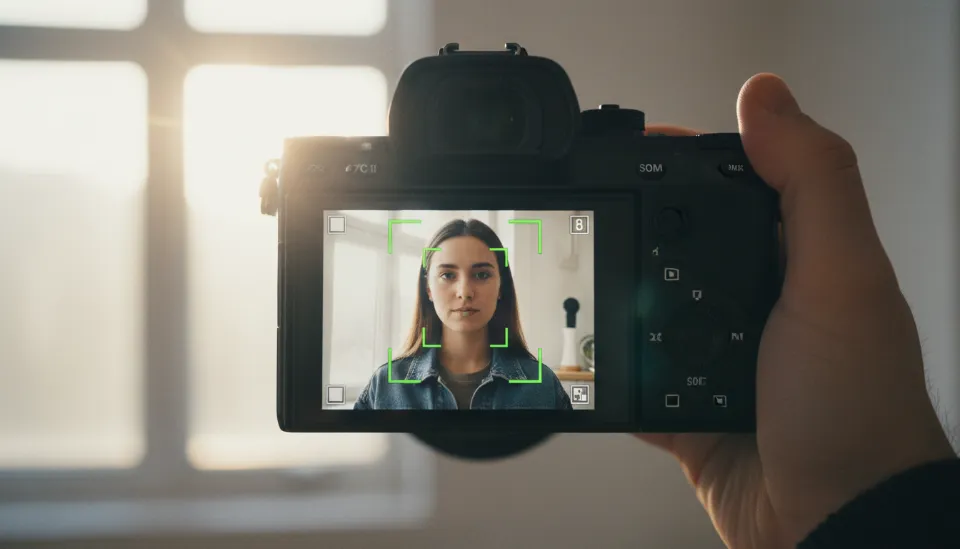 소니 A7C2 카메라의 LCD 화면을 통해 피사체를 실시간으로 추적하며 초록색 AF 초점 영역이 활성화된 모습을 보여주는 1인칭 시점 이미지