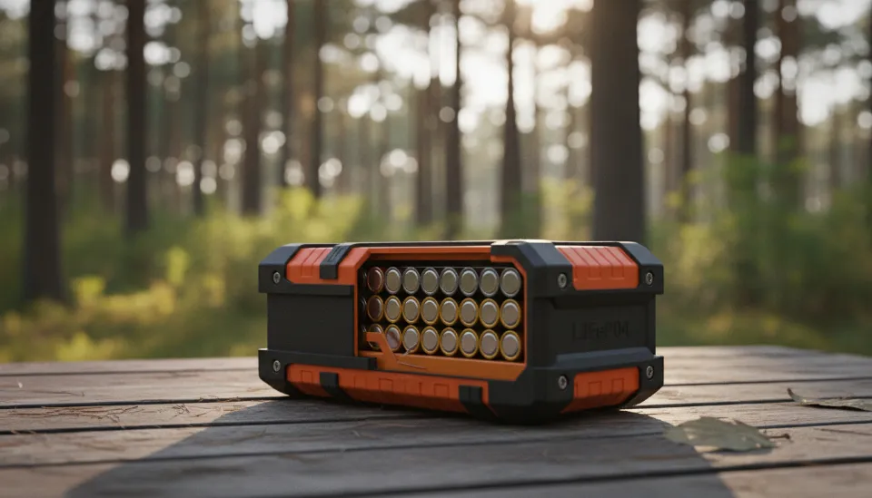 숲속 캠핑 테이블 위에 놓인 내부 셀이 보이는 단면 구조의 오렌지색 리튬인산철 파워뱅크와 주변 자연 풍경