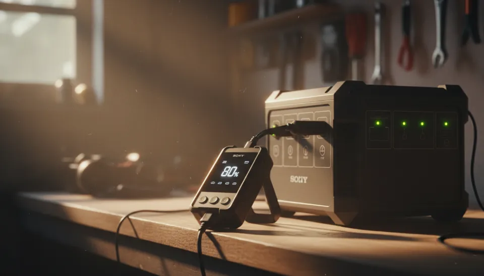 실내 차고에서 충전 중인 파워뱅크의 디지털 디스플레이가 80% 충전됨을 나타내며 녹색 표시등이 켜진 모습