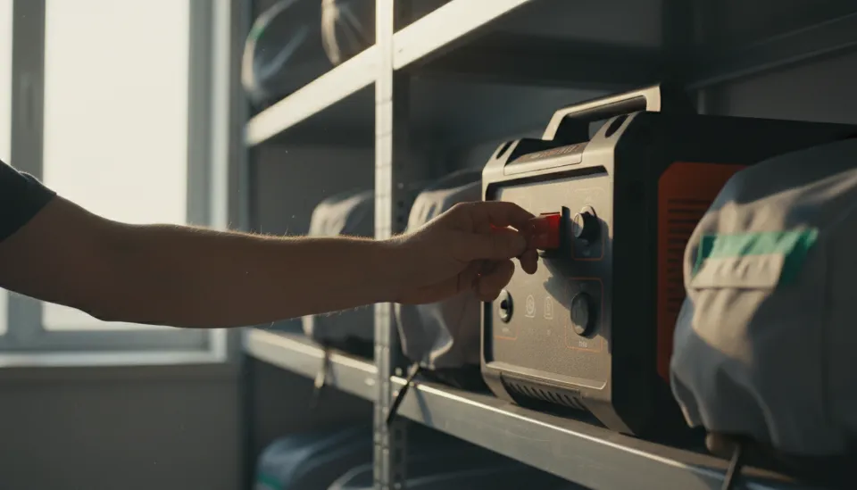 정리된 창고 선반 위에서 사용자가 휴대용 파워뱅크의 메인 전원 스위치를 끄고 보관 모드로 전환하는 손의 모습