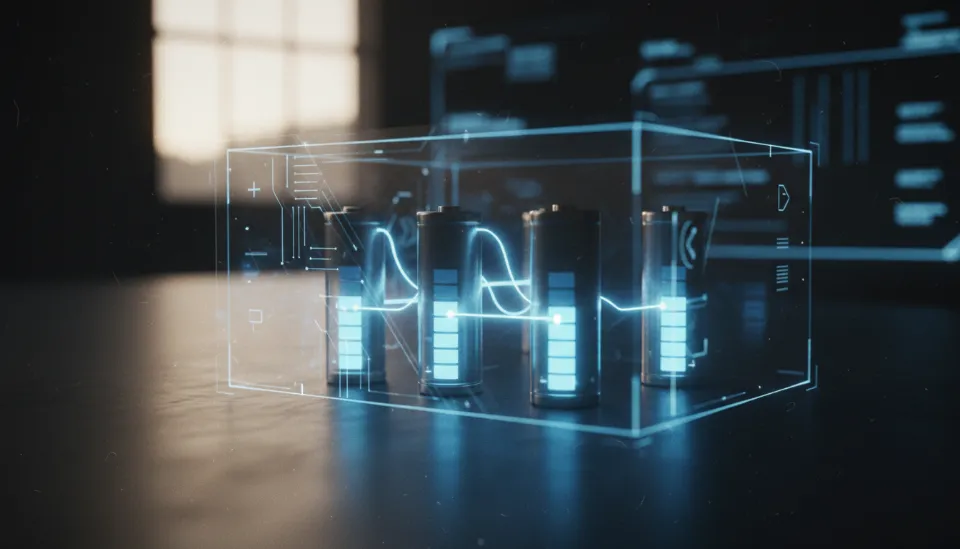 배터리 셀 간의 전압 균형이 맞춰지는 과정을 시각화한 회로도와 파란색 에너지 라인이 연결된 미래지향적 인터페이스