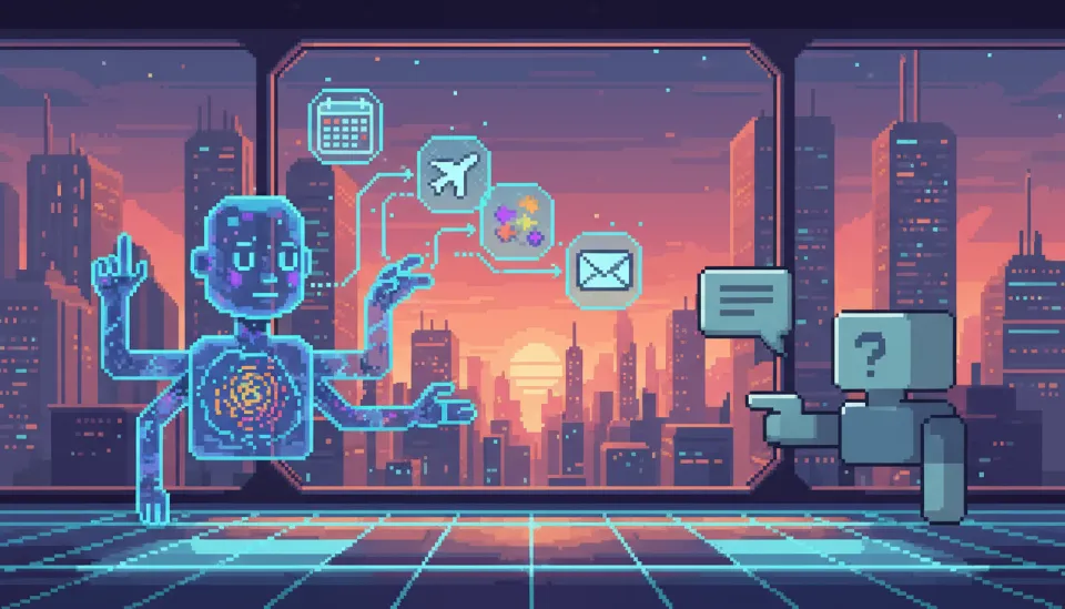 여러 개의 홀로그램 앱 아이콘과 상호작용하며 자율적으로 업무를 처리하는 반투명한 AI 에이전트의 미래지향적인 디지털 작업 공간 환경