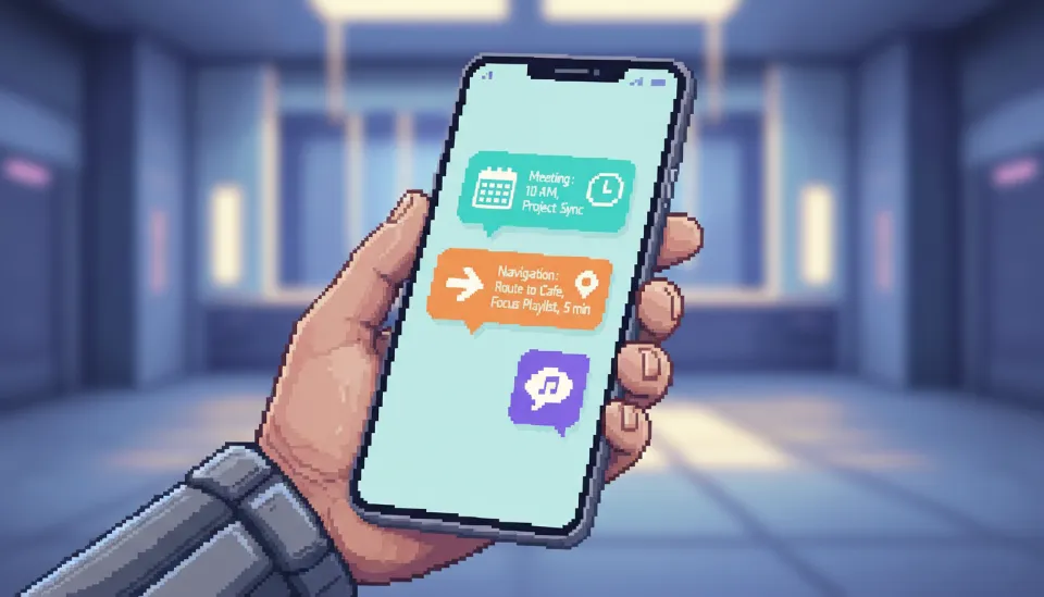 미니멀한 AI 인터페이스와 맥락 기반의 일정 및 경로 제안 정보가 화면에 떠 있는 베젤 없는 최신 스마트폰을 든 손
