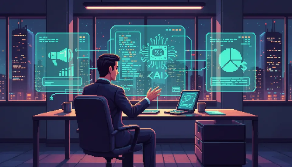 마케팅, 코딩, 금융 등 전문 분야별 AI 에이전트들을 상징하는 여러 홀로그램 화면을 관리하고 지휘하는 현대적인 사무실의 전문가