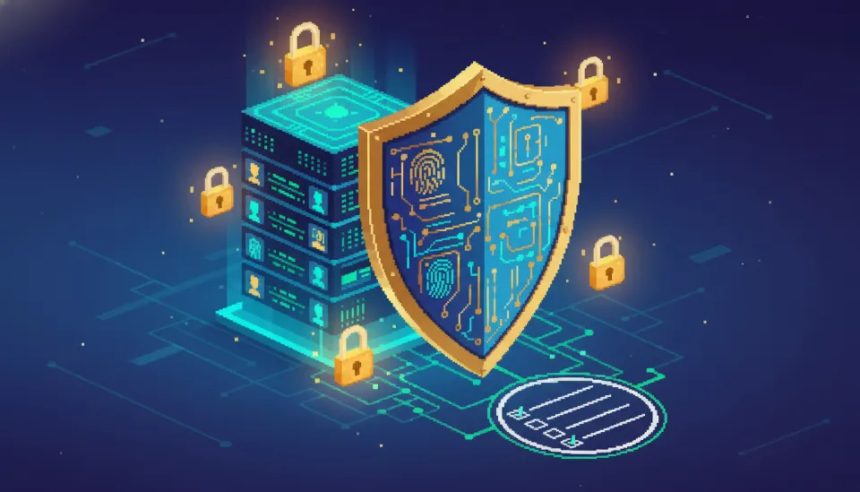 첨단 AI 보안 및 영지식 증명 기술을 상징하는 황금색 자물쇠 아이콘과 빛나는 회로 패턴으로 보호되는 개인 정보 데이터베이스의 입체적인 일러스트레이션