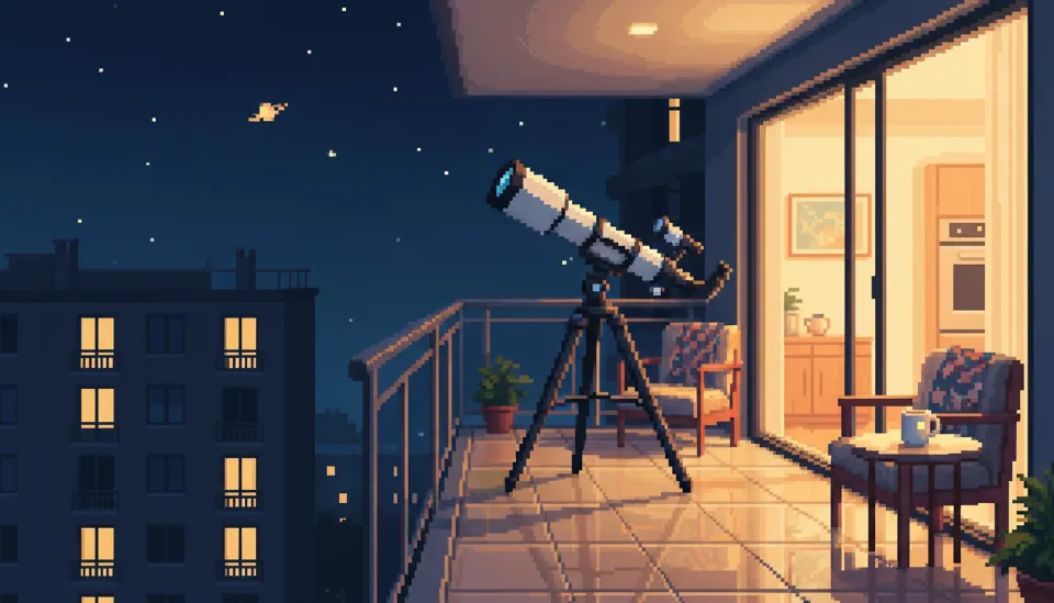 도심 아파트 베란다에 설치된 세련된 화이트 컬러의 입문용 굴절 망원경과 밤하늘을 향해 정렬된 모습