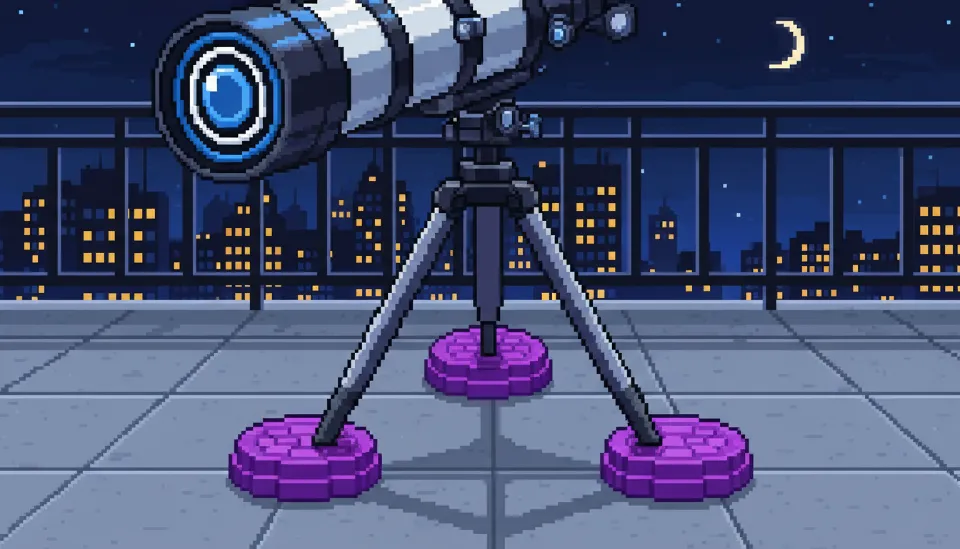 아파트 베란다 바닥에 설치된 망원경 삼각대와 진동 방지를 위한 패드 및 주변 빛 차단 설정의 디테일 컷