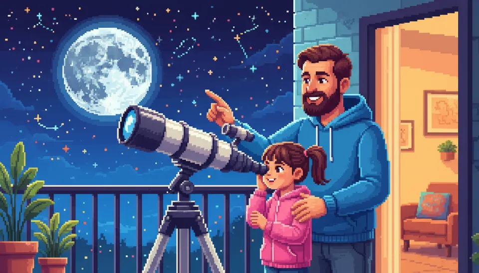 아파트 베란다에서 아빠와 딸이 입문용 천체 망원경으로 달과 행성을 관측하며 즐거워하는 모습