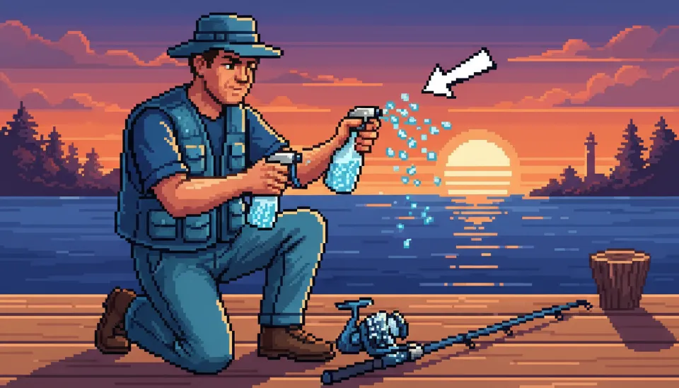 바다 낚시 직후 스피닝릴 스풀에 하얗게 앉은 염분 결정체와 이를 세척하려는 낚시인의 손