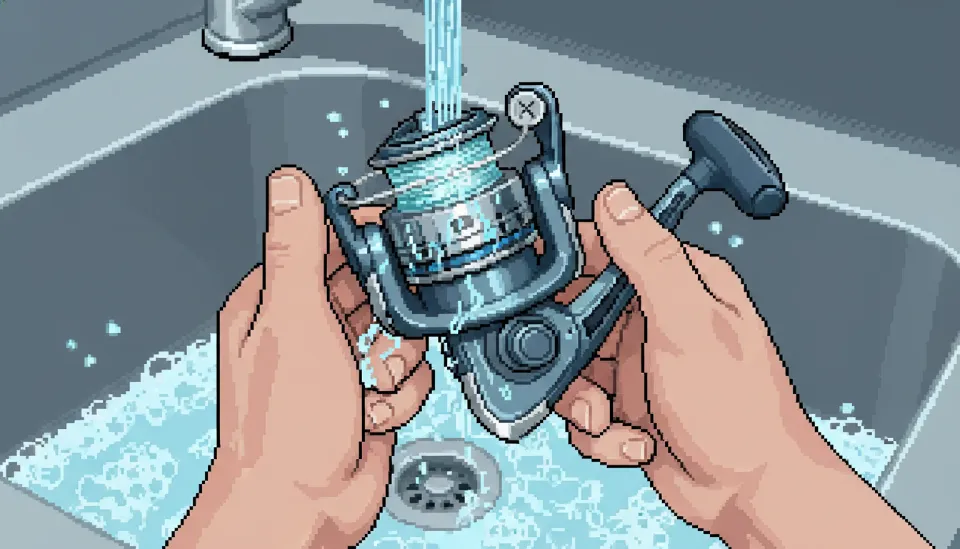 수돗물 아래에서 드래그 노브를 조인 채 스피닝릴을 기울여 세척하는 올바른 민물 세척 방법