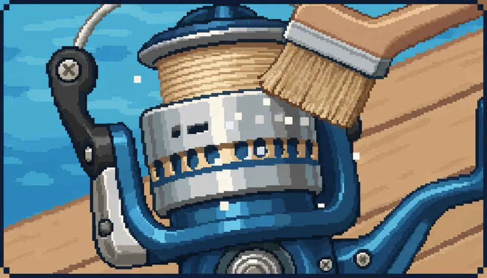 부드러운 솔을 사용하여 스피닝릴의 라인 롤러와 스풀 틈새에 낀 소금기를 제거하는 정밀 세척 장면