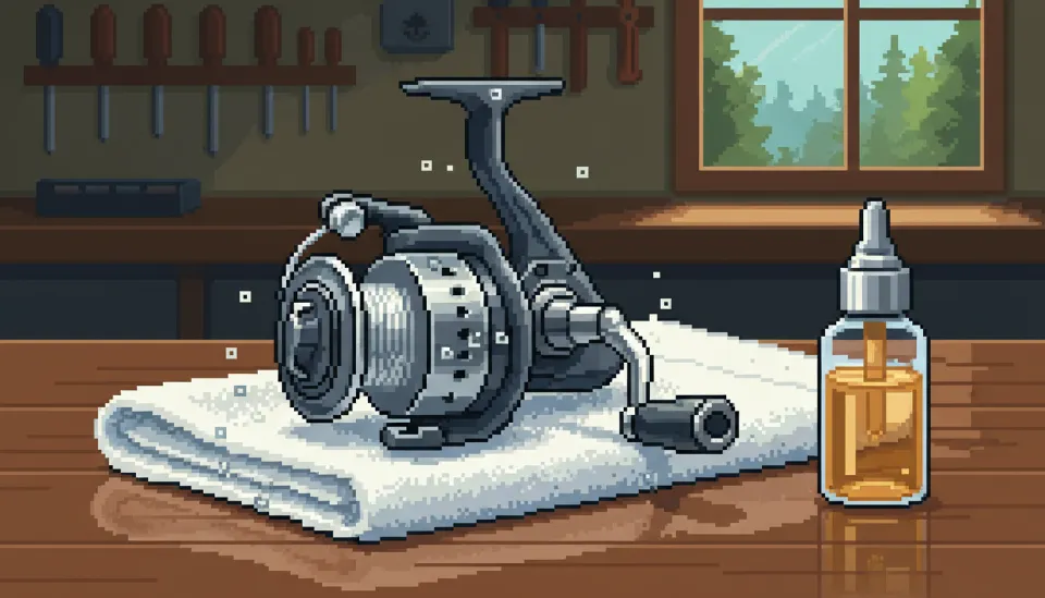 그늘에서 건조 중인 스피닝릴과 옆에 놓인 전용 관리 오일 및 부드러운 극세사 타월