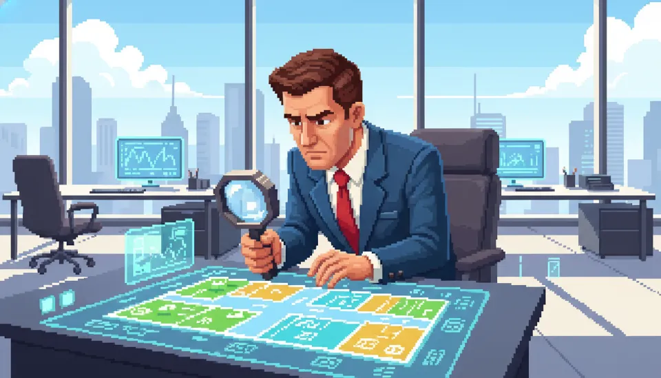 공인중개사가 상가 평면도를 돋보기로 꼼꼼하게 살피며 수익률을 분석하는 전문적인 모습