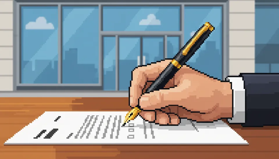 상가 매매 계약서에 서명하는 모습과 배경으로 보이는 상업용 빌딩의 모습