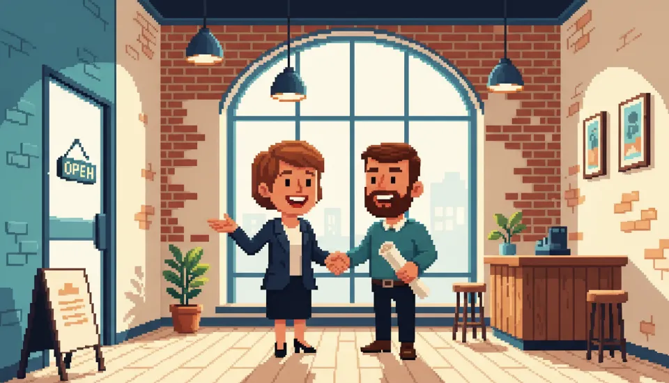 새롭게 단장한 상가 안에서 건물주와 세입자가 웃으며 임대차 계약에 대해 대화하는 모습