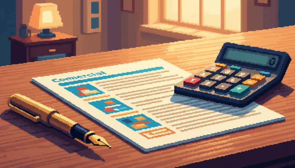 상가건물 임대차보호법 문구가 적힌 계약서 서류와 계약 갱신권을 상징하는 계산기 및 고급 만년필이 놓인 책상