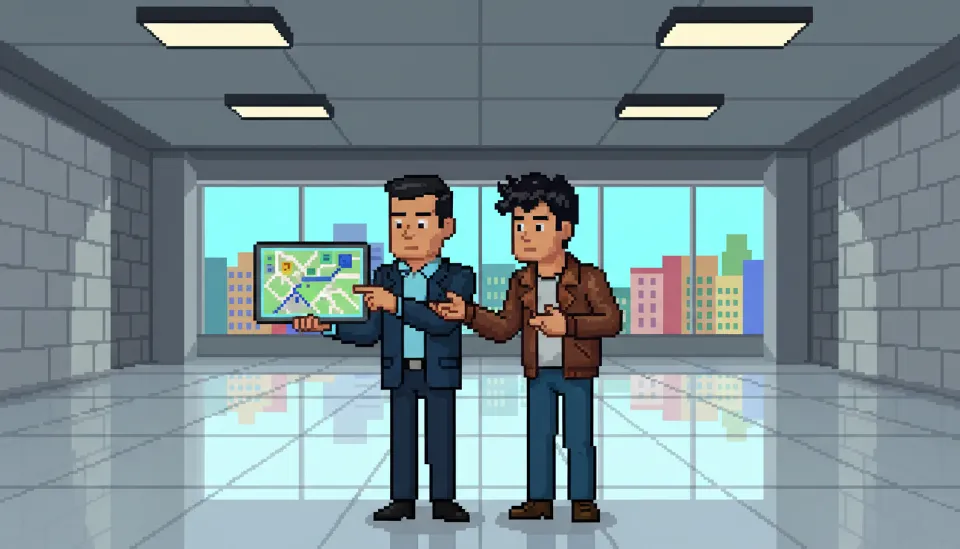 공실 상태의 깨끗한 상가 내부에서 공인중개사가 태블릿 PC를 통해 건물 등기부등본과 건축물대장을 설명하고 있는 모습