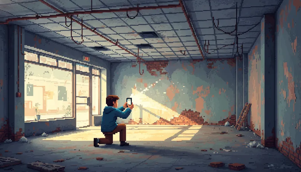 나중에 발생할 원상복구 분쟁을 방지하기 위해 스마트폰으로 비어 있는 상가의 구석구석을 꼼꼼하게 사진 찍고 있는 임차인의 모습