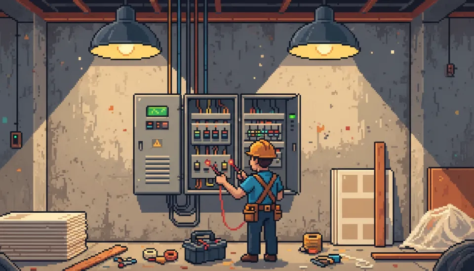 카페 창업을 위해 전문가가 상가 내부의 전기 배전판을 열어보고 전기 용량 증설이 가능한지 점검하고 있는 장면