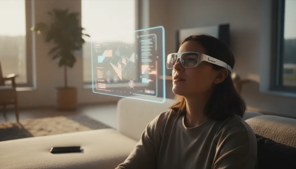 현대적인 거실에서 얇고 가벼운 디자인의 애플 비전 에어를 착용한 사용자가 공중에 떠 있는 반투명한 홀로그램 인터페이스를 조작하는 모습