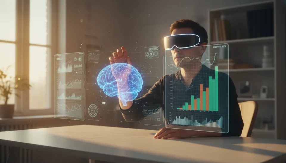 실물 모니터가 없는 미니멀한 책상에서 비전 에어를 착용한 전문가가 공중에 띄워진 여러 개의 디지털 창과 3D 차트를 손동작으로 제어하는 사무 환경