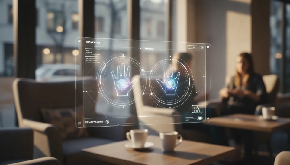 아늑한 카페 배경 위에 겹쳐진 투명 디스플레이에 표시된 프라이버시 설정 및 보안 관련 디지털 UI 요소들의 근접 촬영 이미지
